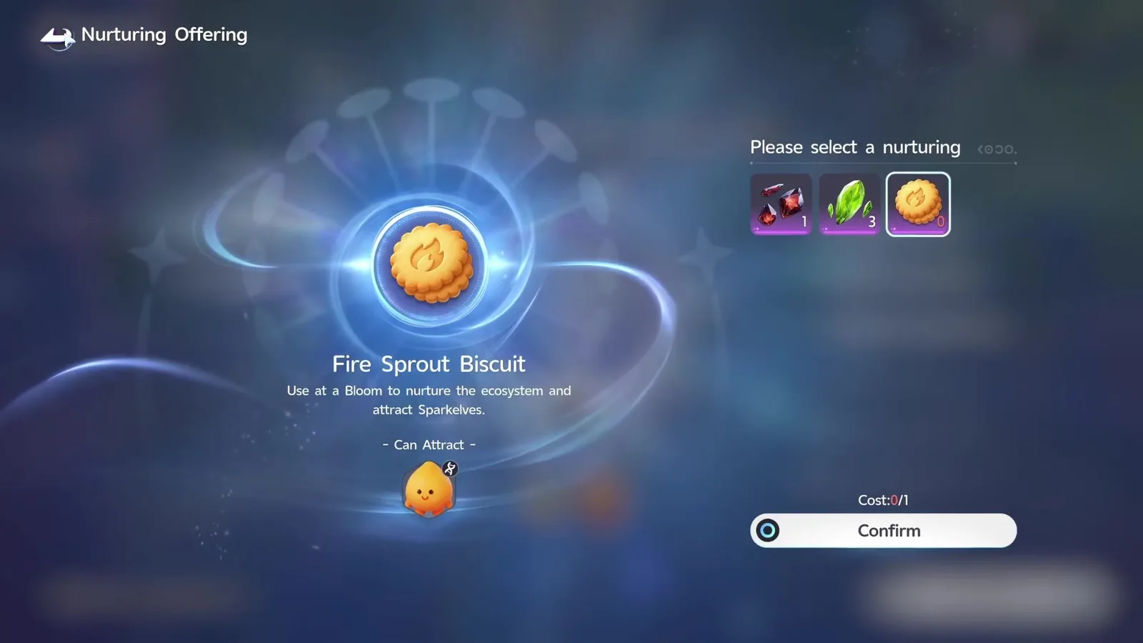 The Fire Sprout Biscuit on the Aniimo Nurturing Offering screen, reading Use at a Bloom to nurture the ecosystem and attract Sparkelves, with a Sparkelf shown under Can Attract