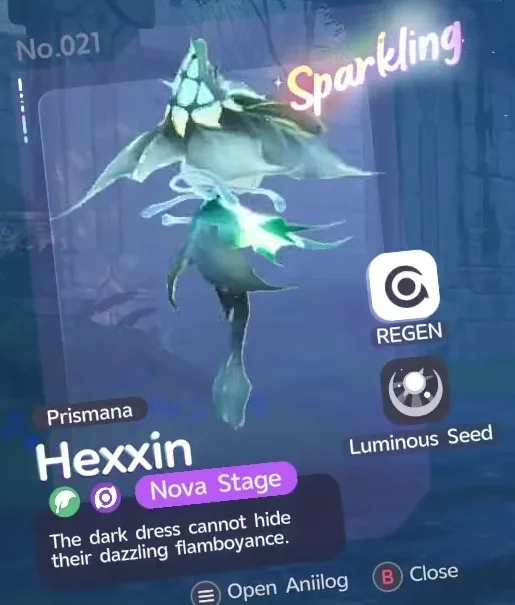 The Aniimo catch result card for No.021 Prismana Hexxin, Nova Stage, REGEN role, with a Sparkling banner across the artwork