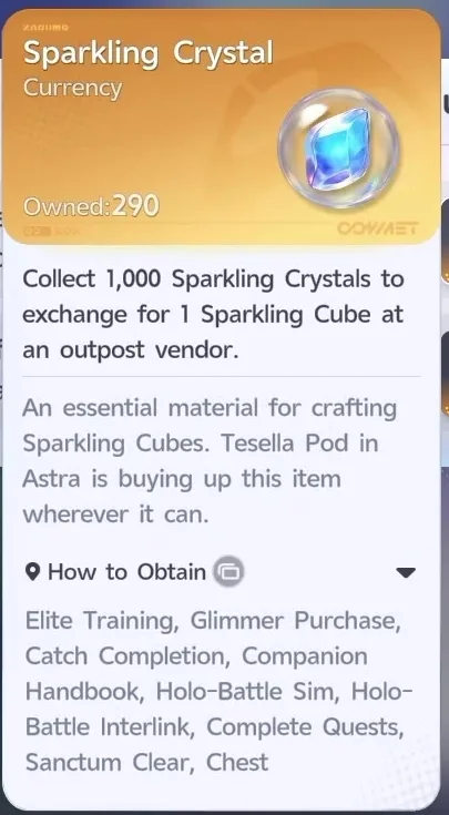 The Aniimo Sparkling Crystal item card reading Collect 1000 Sparkling Crystals to exchange for 1 Sparkling Cube at an outpost vendor, with 290 owned