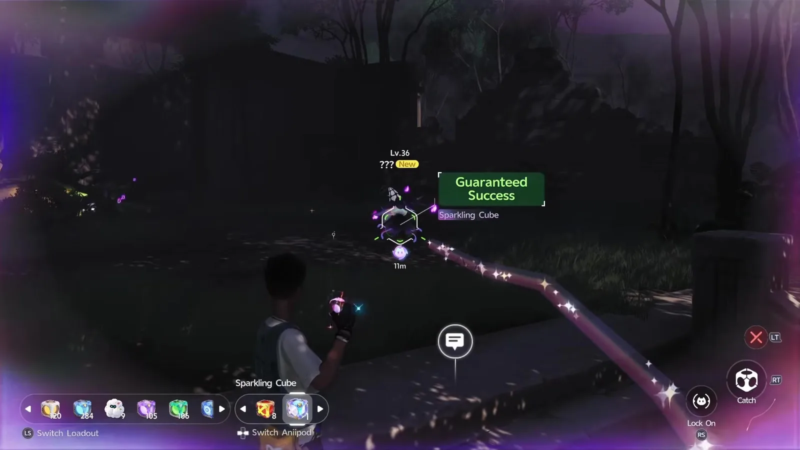 An Aniimo capture with the Sparkling Cube selected, a green Guaranteed Success label over a level 36 unidentified target marked New