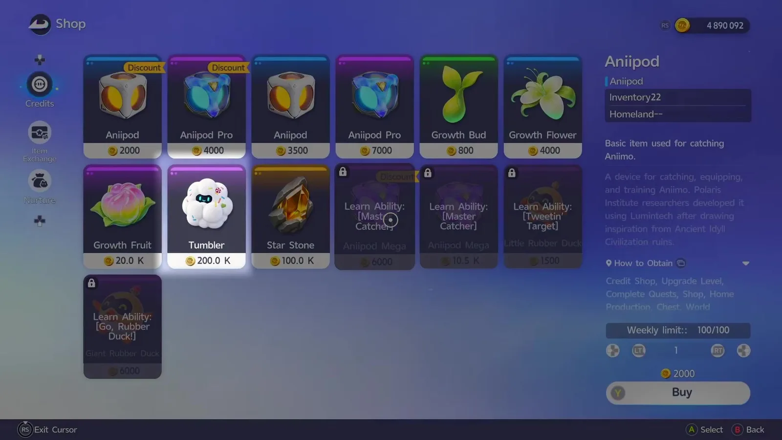 The Aniimo outpost Credit Shop with the Tumbler capture device priced at 200,000 Credits beside Aniipod, Aniipod Pro, Growth Bud and Star Stone