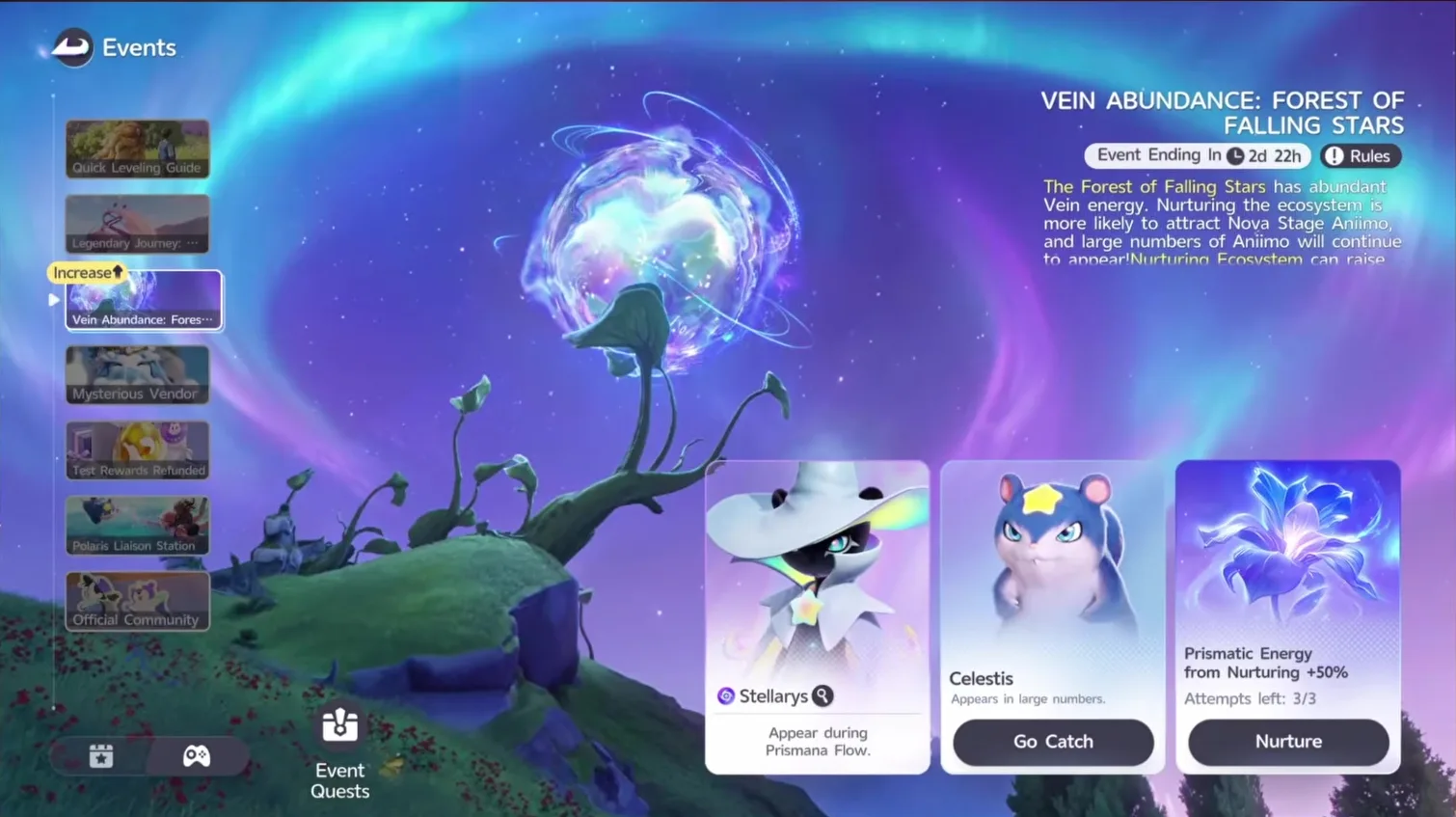 The Aniimo Events panel for Vein Abundance Forest of Falling Stars, with Stellarys appearing during Prismana Flow, Celestis appearing in large numbers, and a card reading Prismatic Energy from Nurturing plus 50 percent with attempts left 3 of 3