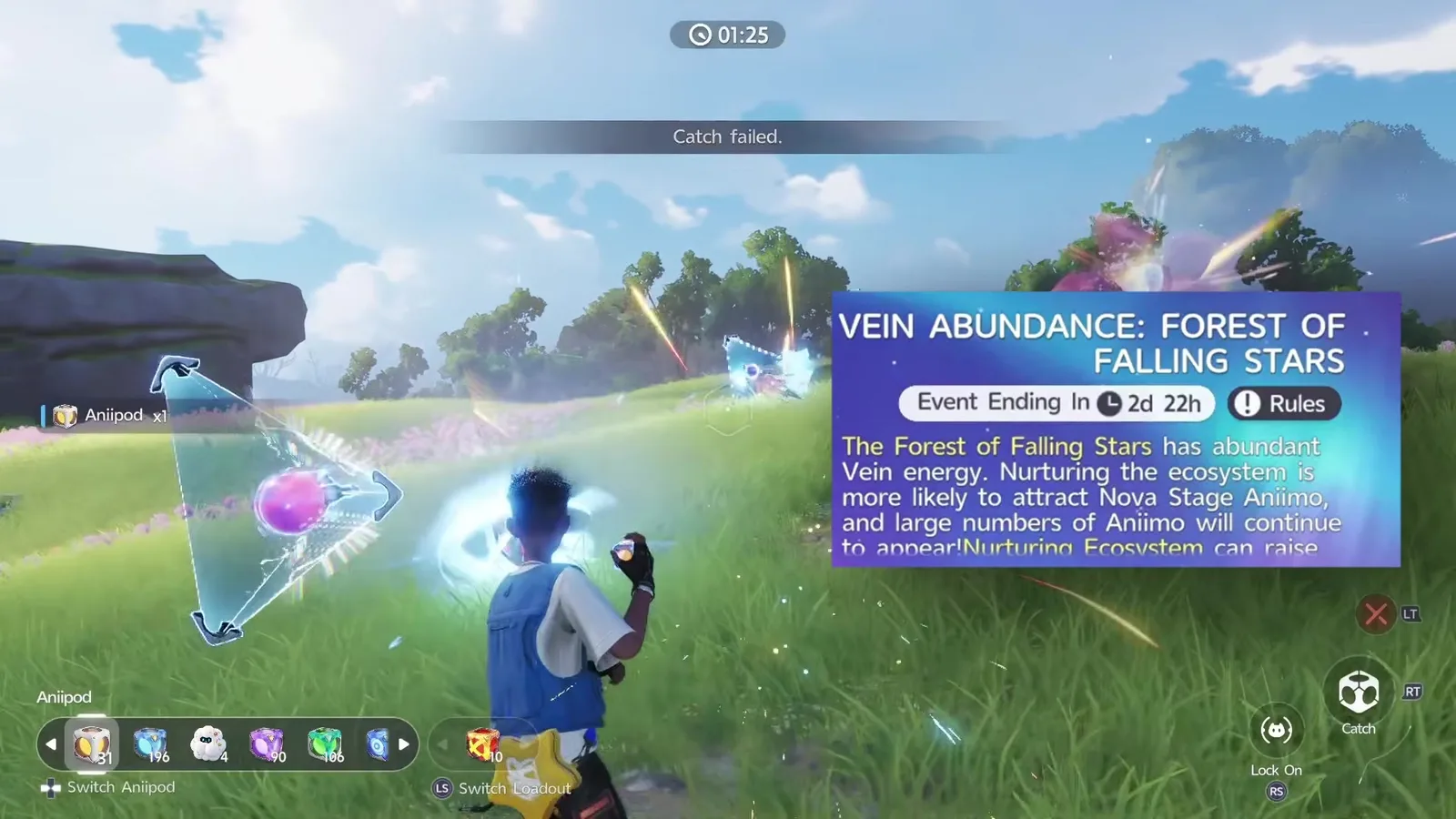 Aniimo gameplay during a Wild Surge with the Vein Abundance Forest of Falling Stars banner on the right of the heads-up display, showing Event Ending In 2d 22h