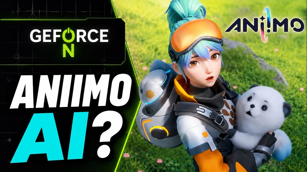 AniimoSync’s Aniimo AI card: a Pathfinder holding a panda Aniimo beside the GeForce ON logo