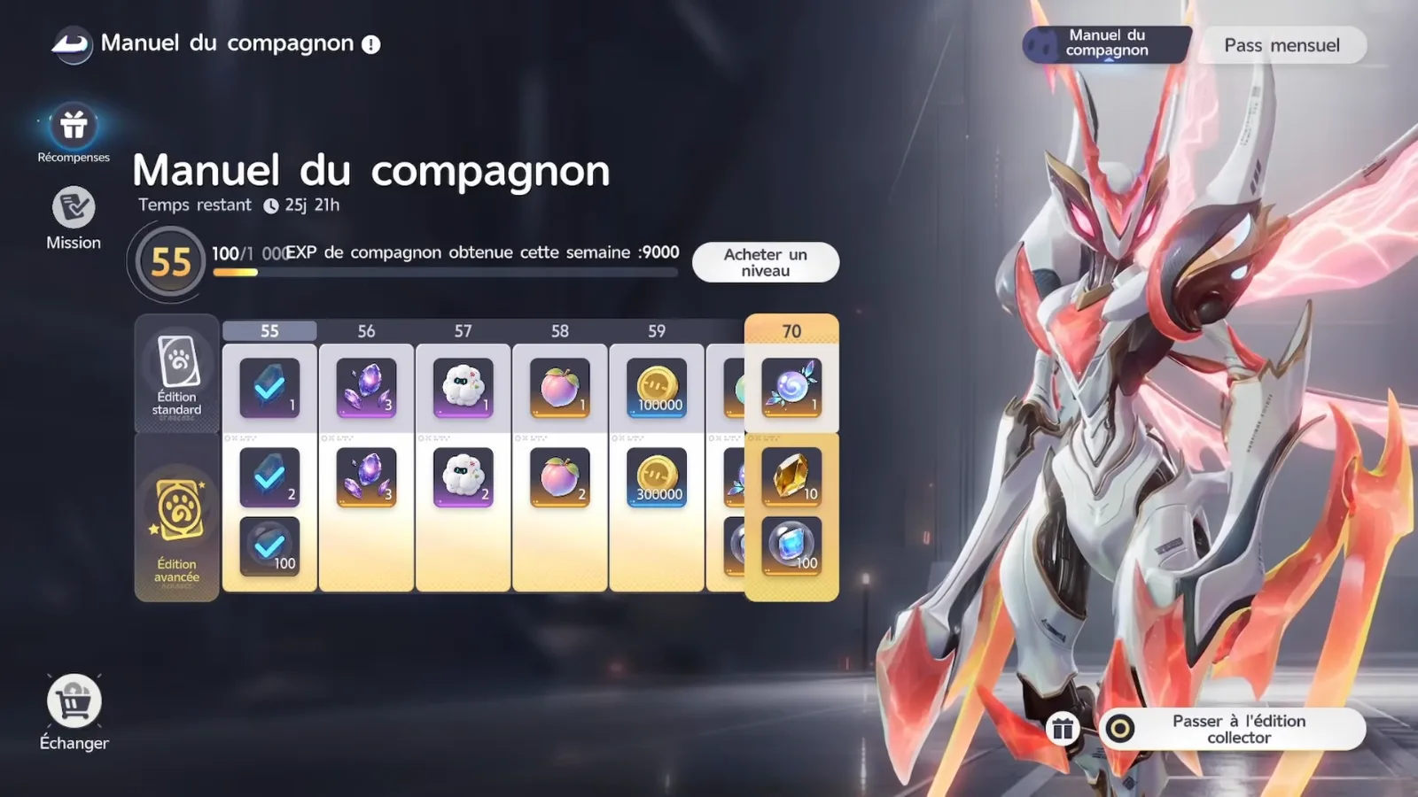 Aniimo Companion Handbook in the French client, the Manuel du compagnon reward track at level 55 with Fulmintis standing on the right