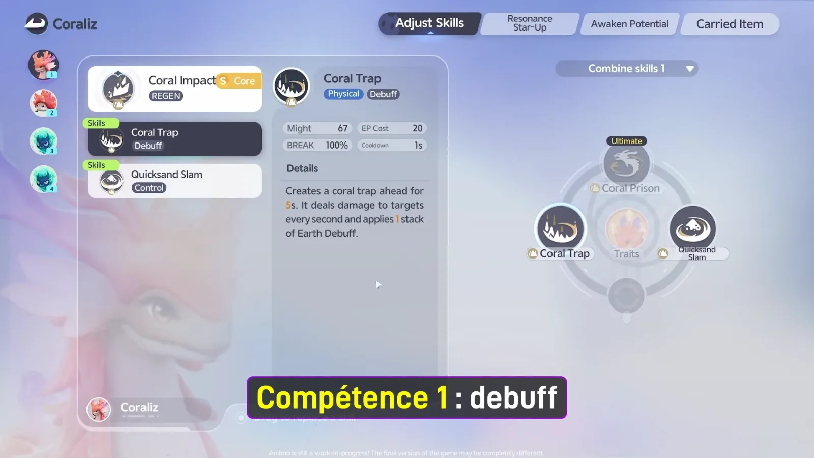 Coraliz Adjust Skills screen in Aniimo’s closed beta, Coral Trap selected with Might 67 and EP 20 beside Coral Impact and Quicksand Slam
