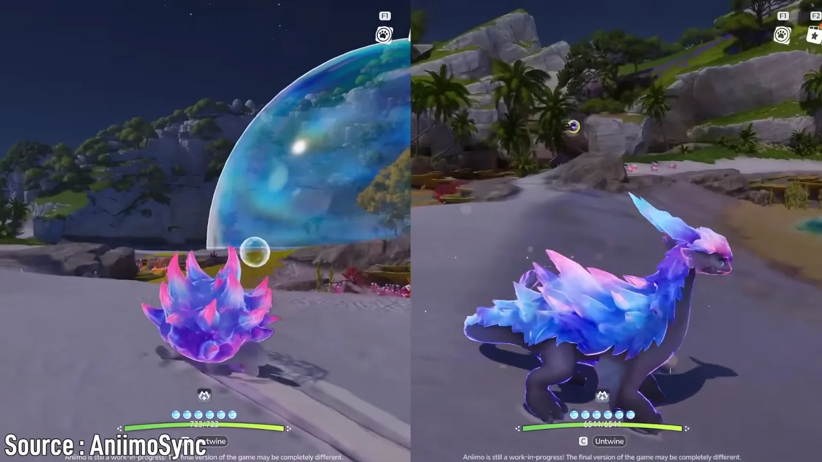 Reefish and Coraliz in their Rainstorm Forms side by side in Aniimo’s closed beta, blue and violet crystal spines on a night beach under a bubble dome