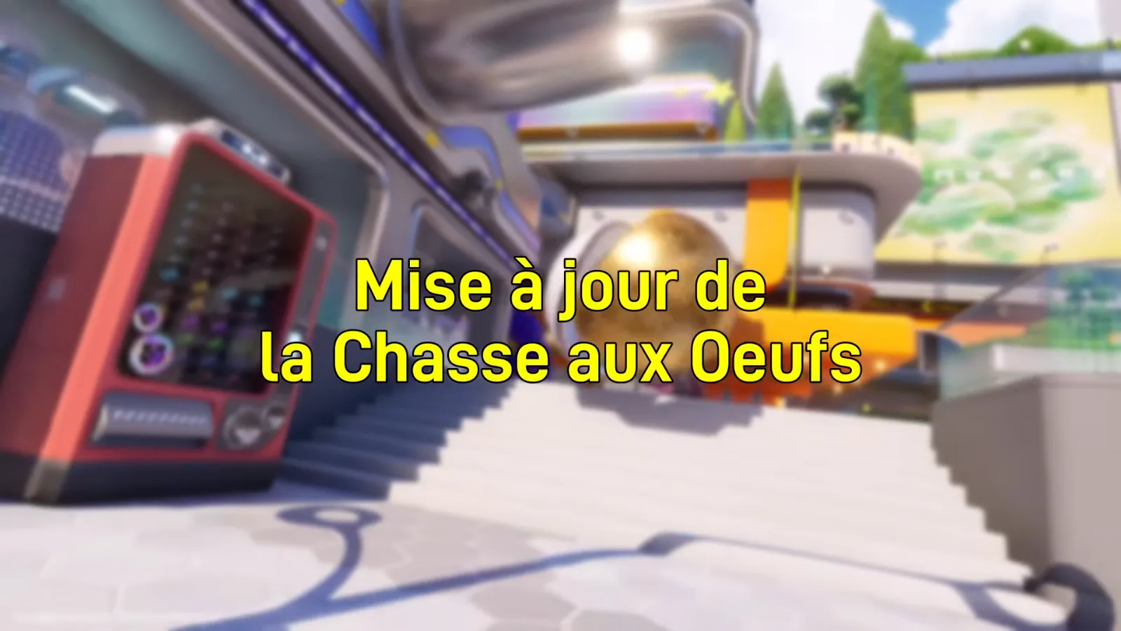 A golden egg above a city stairway beside a vending machine in Aniimo official footage, under Nia’s caption Mise à jour de la Chasse aux Oeufs