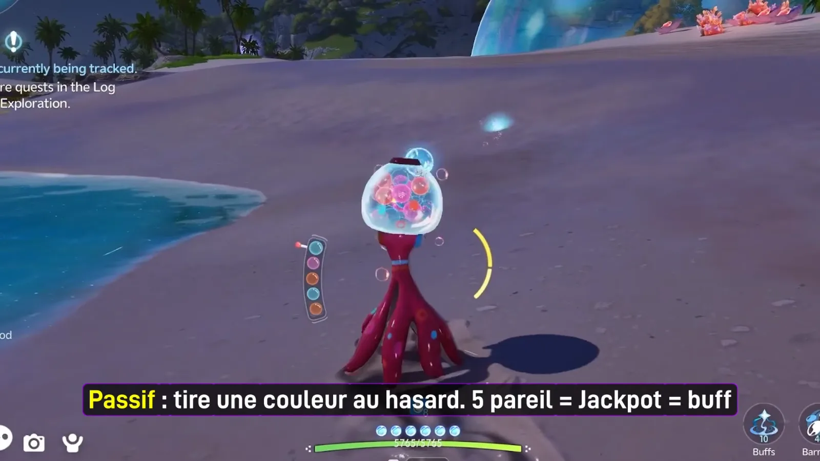Gachapus on a Whisperwake Isles beach in Aniimo’s closed beta, its glass dome full of coloured bubbles beside the vertical gacha slot bar