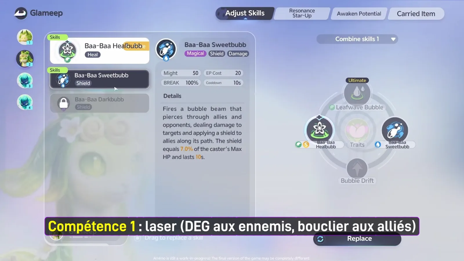 Glameep Adjust Skills screen in Aniimo’s closed beta, Baa-Baa Sweetbubb details with Baa-Baa Healbubb and the Leafwave Bubble ultimate