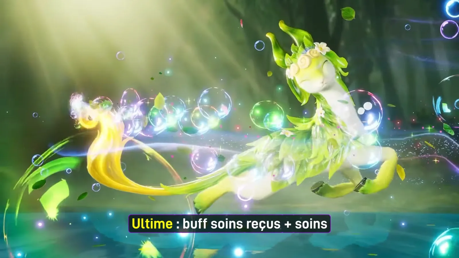 Glameep casting Leafwave Bubble in Aniimo’s closed beta, the green leaf-feathered Aniimo surrounded by glowing bubbles and a golden tail