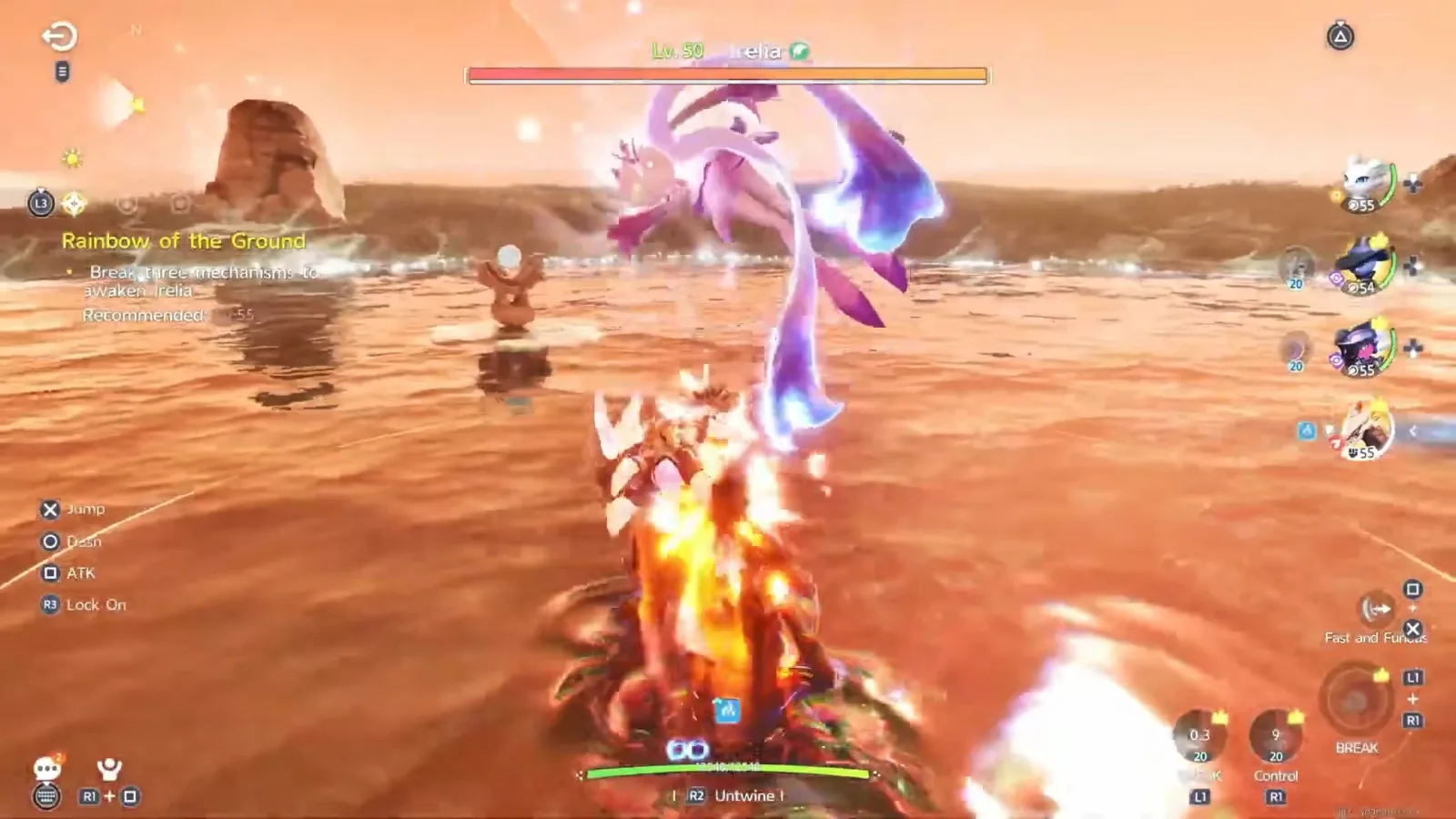 The Irisalis Legendary encounter in Aniimo, a squad fighting the pink and violet Irisalis over orange water under its boss bar