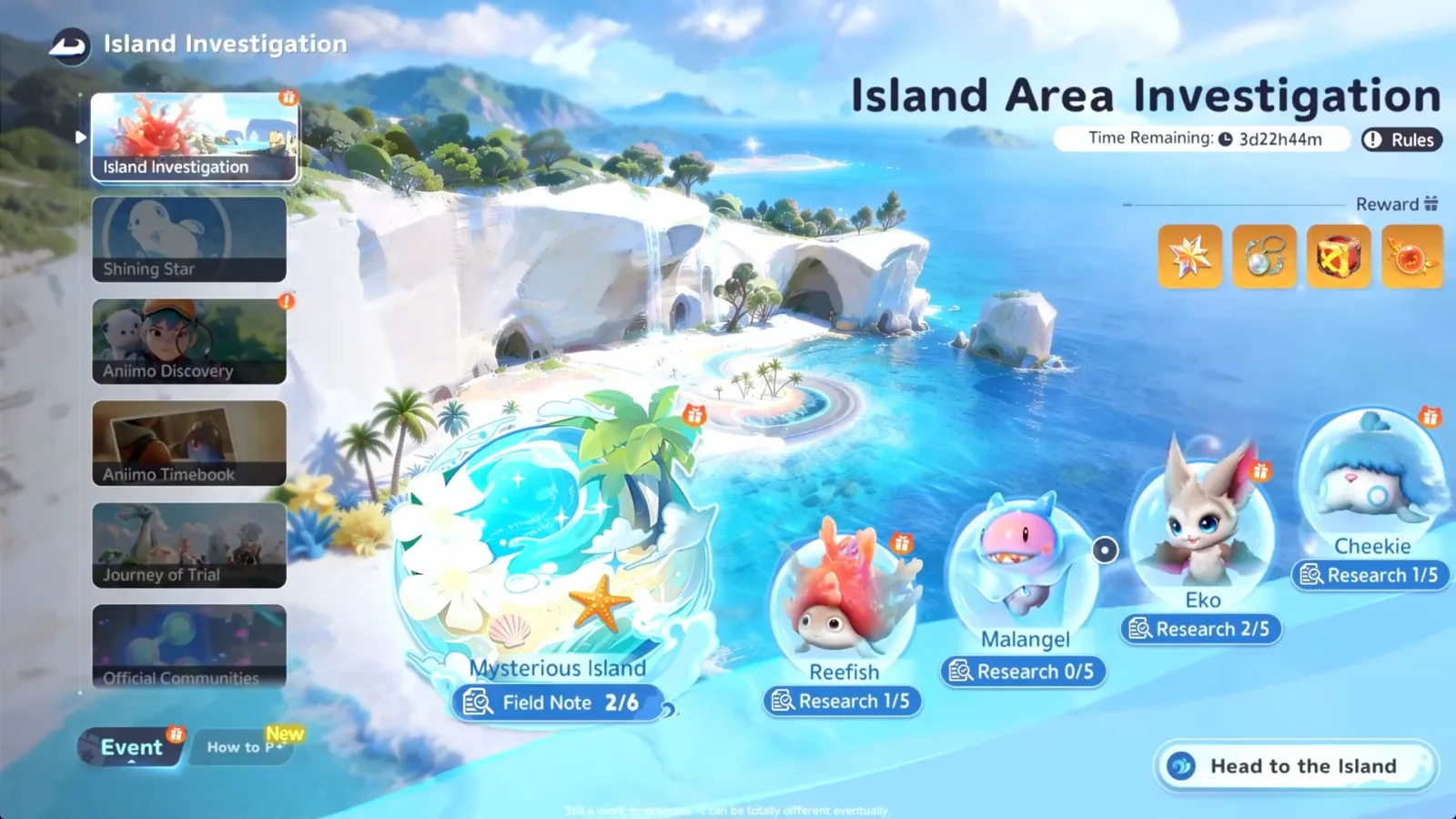 Aniimo Island Area Investigation event panel from the closed beta, with Reefish, Malangel, Eko and Cheekie research tiles and a Head to the Island button