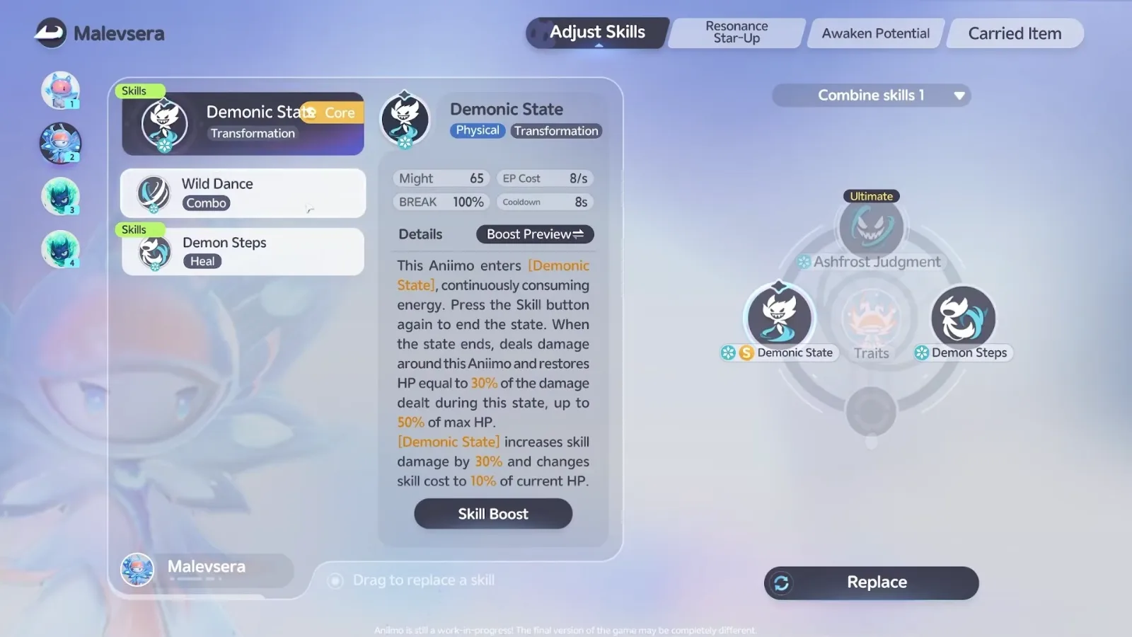 Malevsera Adjust Skills screen in Aniimo’s closed beta, Demonic State details beside Wild Dance and Demon Steps and the Ashfrost Judgment ultimate