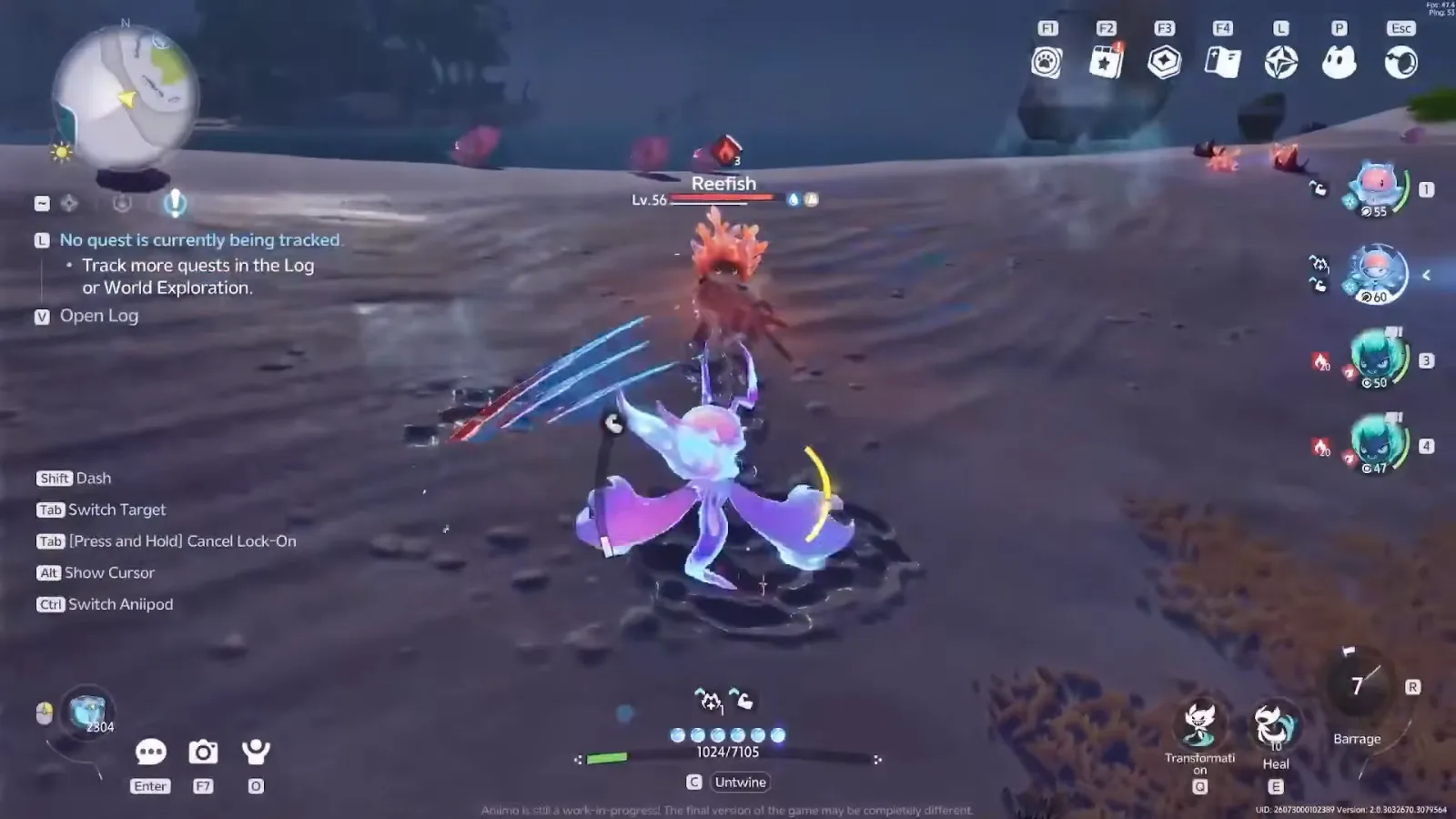 Malevsera clawing a Lv.56 Reefish in Aniimo’s closed beta with its HP bar at 1024 of 7105 and the Transformation, Heal and Barrage skills below