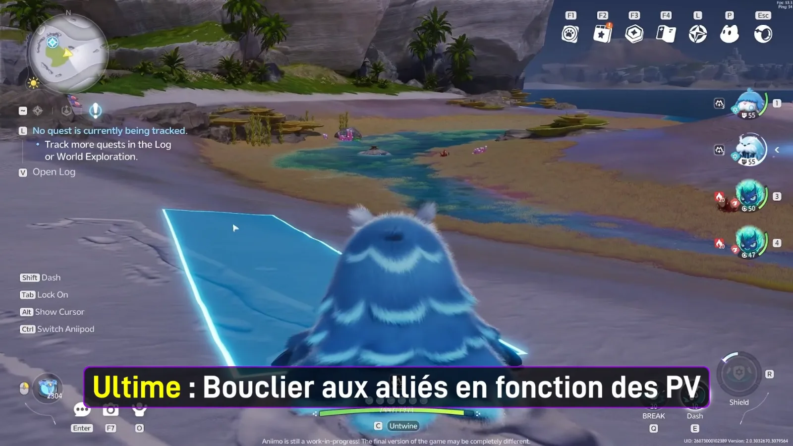 Wavwal casting Aurora Protection on a moonlit Whisperwake Isles beach in Aniimo’s closed beta, a blue shield shape rising around it