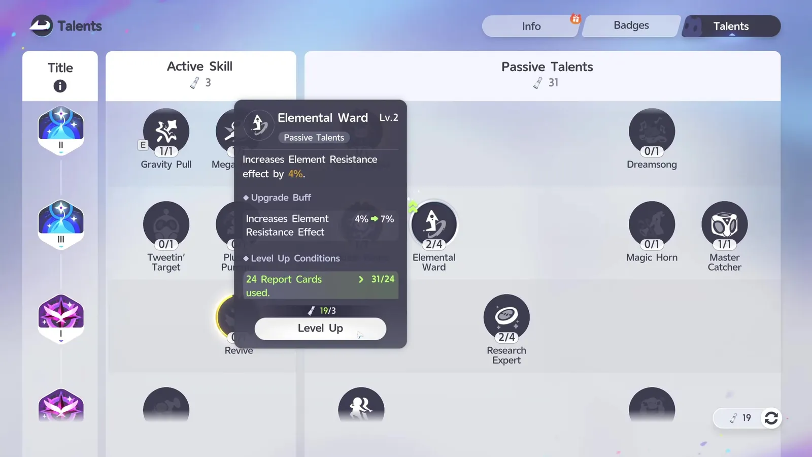 Aniimo’s Elemental Ward talent tooltip at Lv.2 reading Increases Element Resistance effect by 4%, with an upgrade buff of 4% to 7% and a condition of 24 Report Cards used