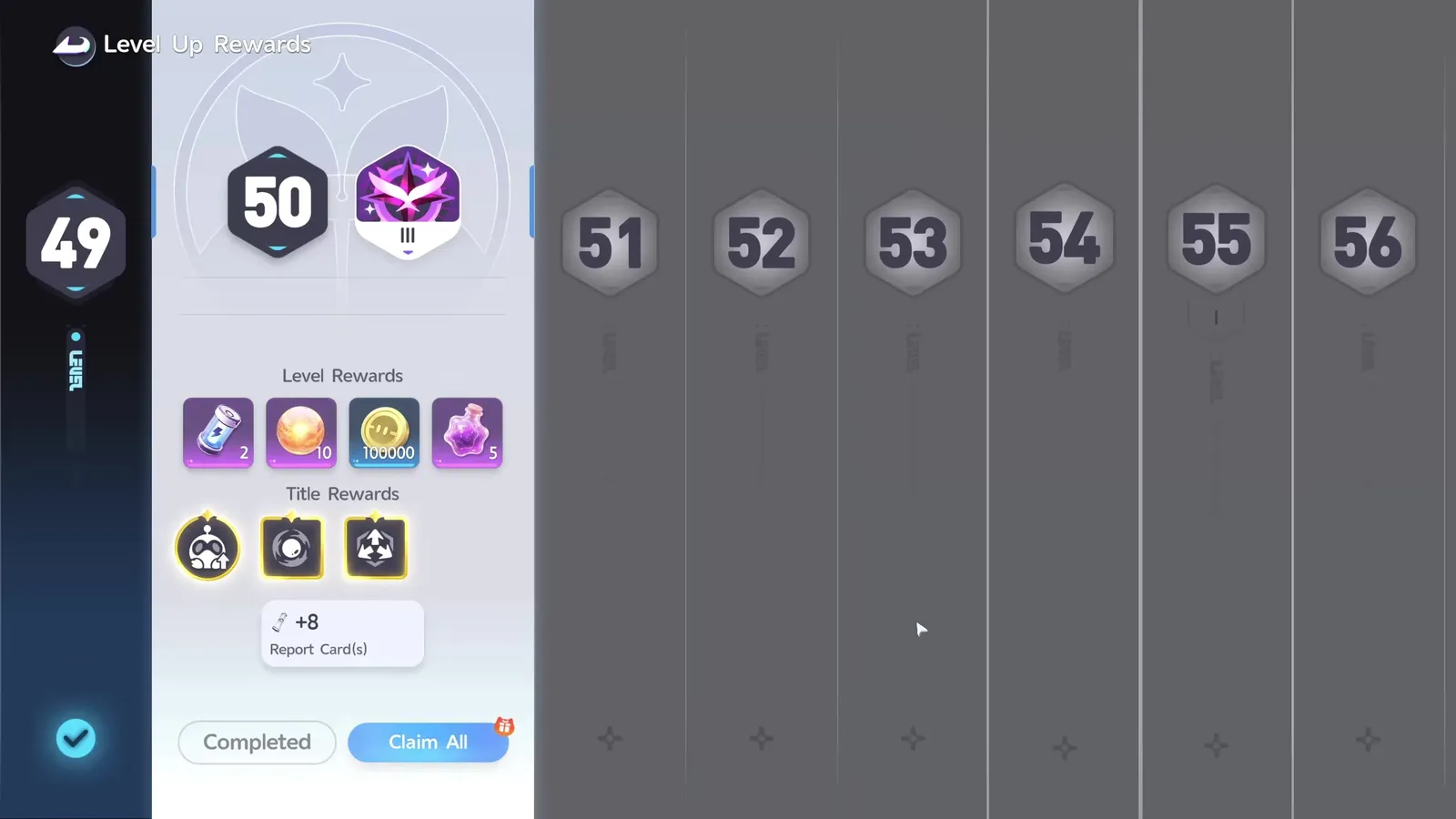 Aniimo’s Level Up Rewards screen at the level 50 rung, four Level Rewards including 100,000 Credits, then a Title Rewards row with three talents and plus 8 Report Cards