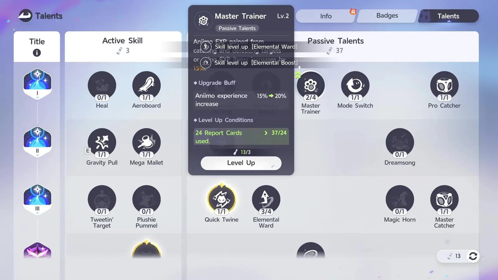 The Aniimo Master Trainer talent tooltip at Lv.2, upgrade buff 15% to 20% Aniimo experience, with a level up condition reading 24 Report Cards used at 37 of 24