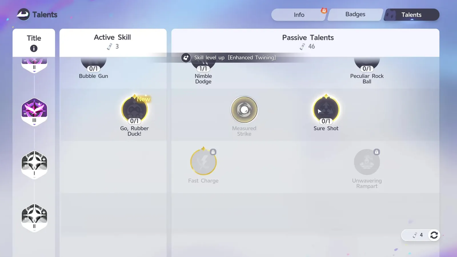 Aniimo’s talent screen the moment Measured Strike is bought, the header counters reading Active Skill 3 and Passive Talents 46 with 4 Report Cards left