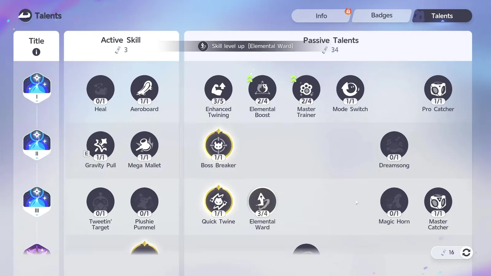 The Aniimo Pathfinder Talents screen on its Student I to III rows, with Heal, Aeroboard, Enhanced Twining at 3 of 5, Elemental Boost, Master Trainer, Mode Switch and Pro Catcher