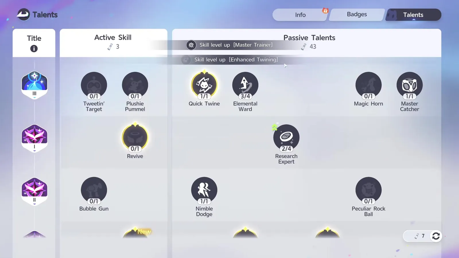 The Aniimo talent screen on its Wayfarer rows, Revive and Research Expert at 2 of 4 above Bubble Gun, Nimble Dodge and Peculiar Rock Ball, with 7 Report Cards unspent