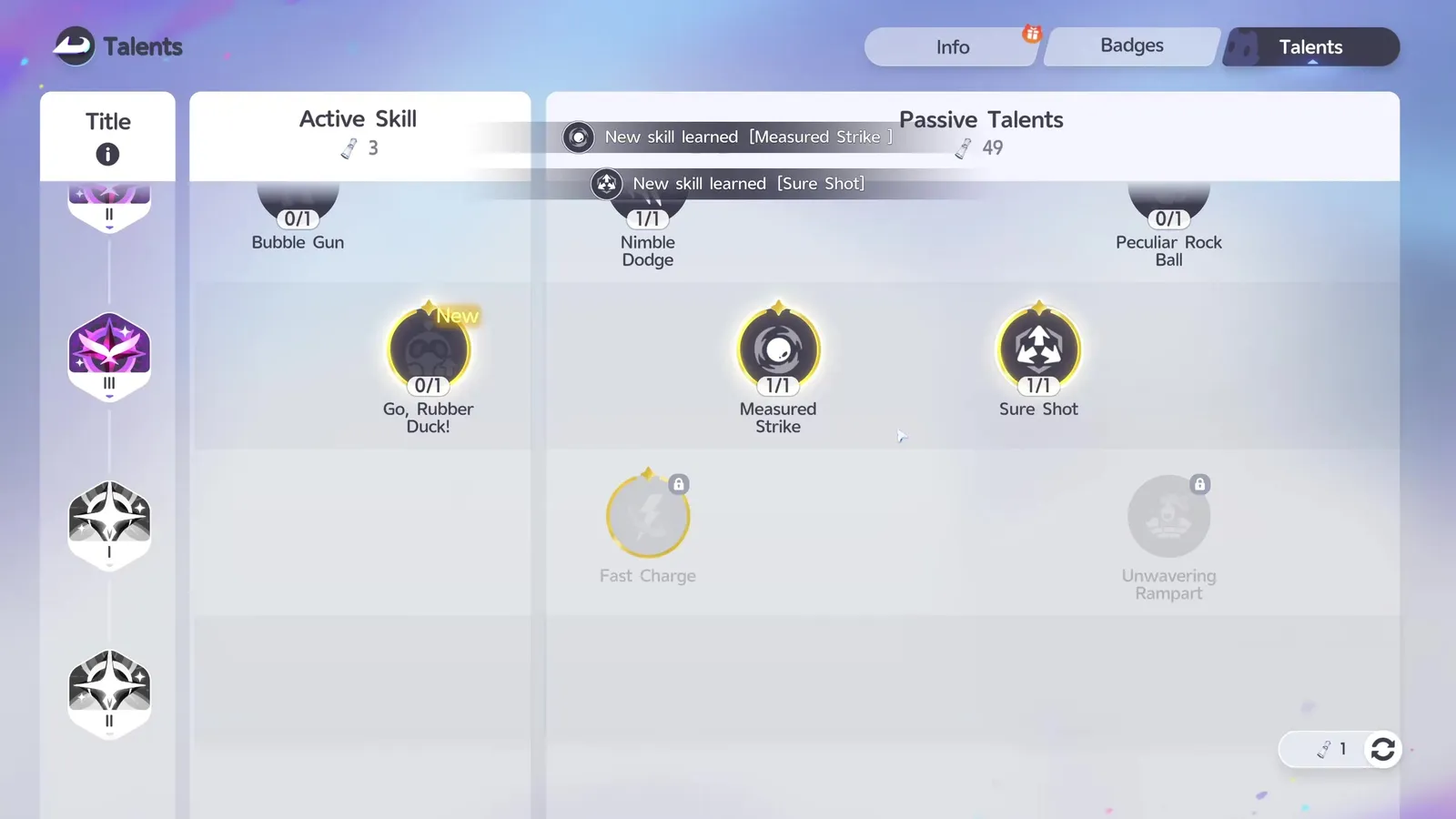 Aniimo’s talent tree with Measured Strike and Sure Shot both learned, the headers reading Active Skill 3 and Passive Talents 49, and a single Report Card left in hand