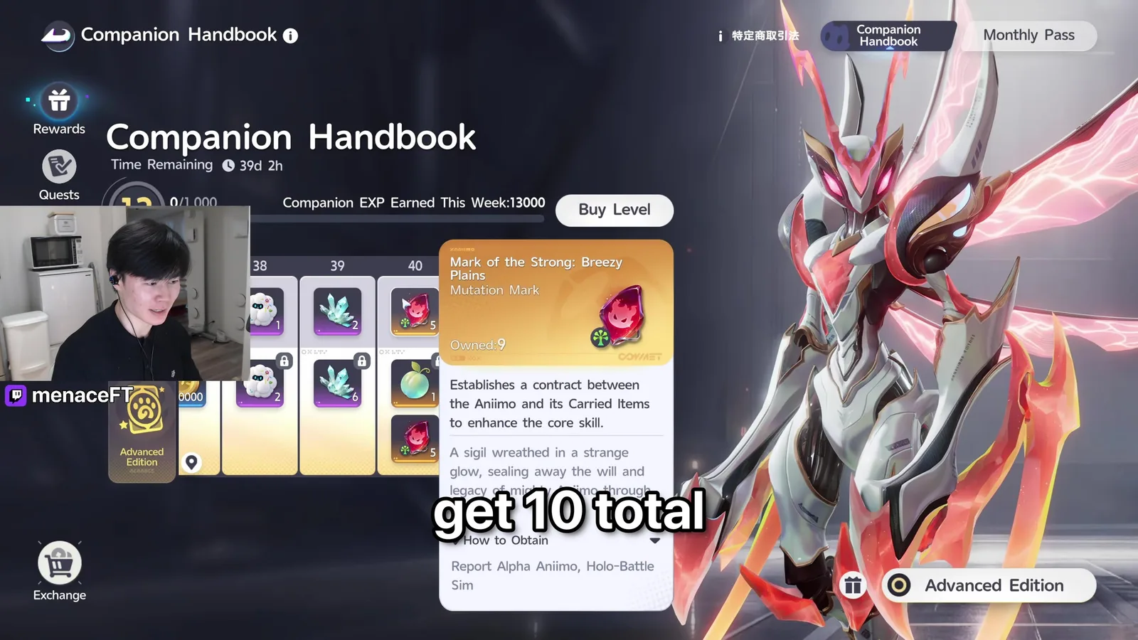 Aniimo’s Companion Handbook at levels 38 to 40 with Mark of the Strong Breezy Plains times five on the free row and five more on the locked Advanced row