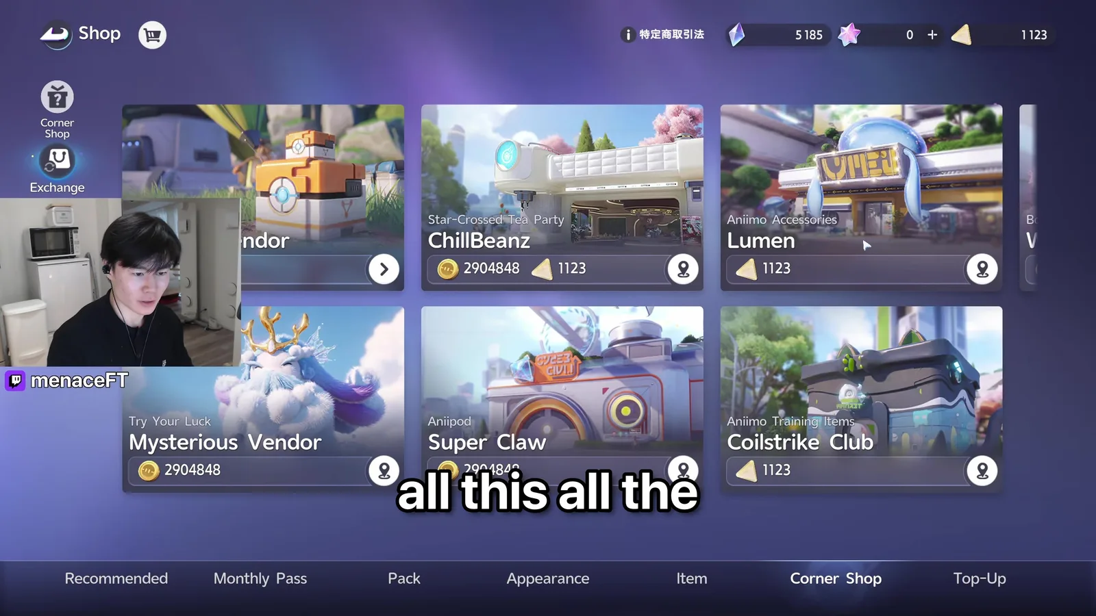 The Aniimo Shop Corner Shop tab listing ChillBeanz, Lumen, Mysterious Vendor, Super Claw and Coilstrike Club with their currencies and location pins