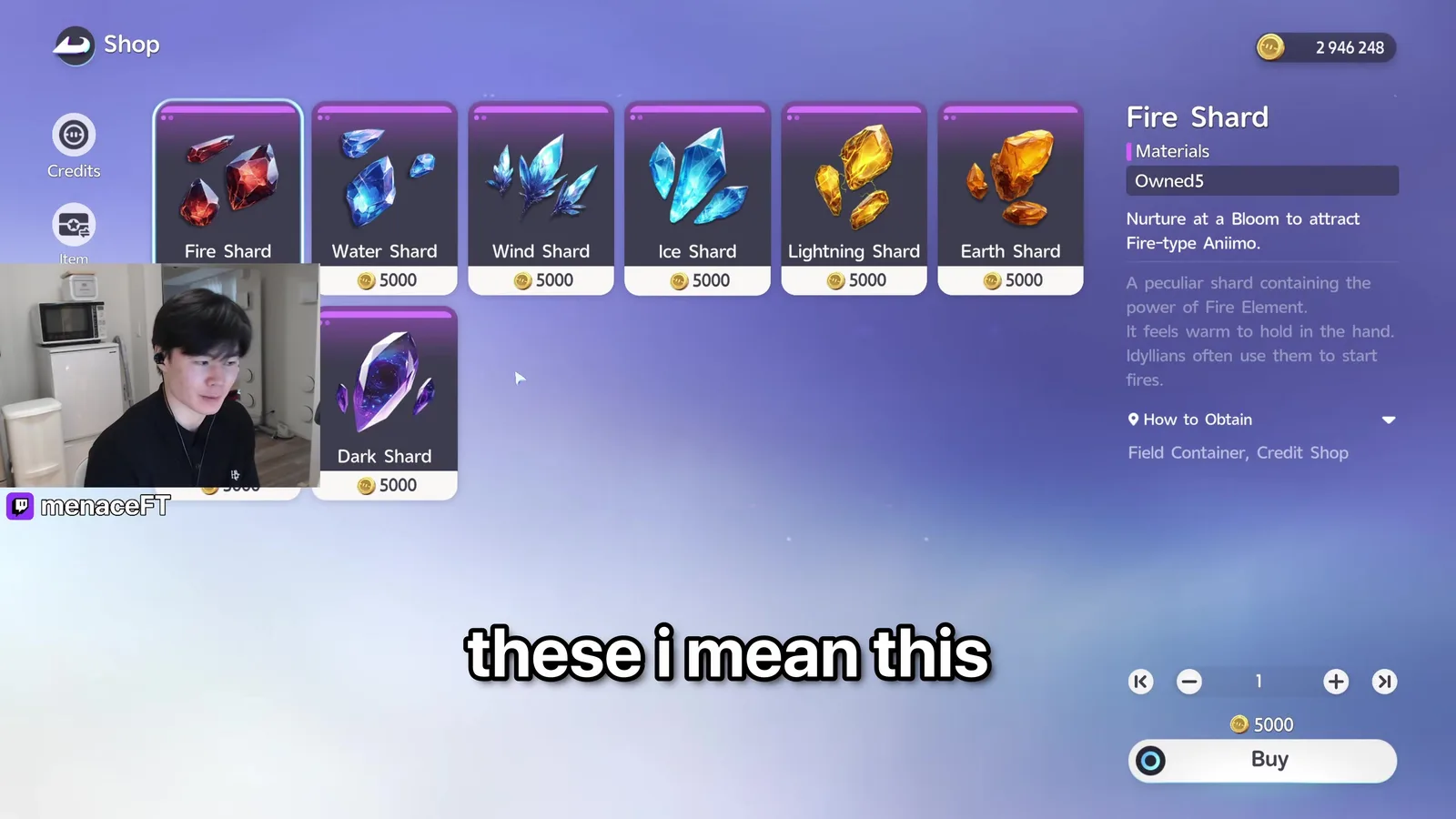 Aniimo’s Credit Shop selling Fire, Water, Wind, Ice, Lightning, Earth and Dark Shards at 5000 Credits each, the Fire Shard card reading nurture at a Bloom to attract Fire-type Aniimo