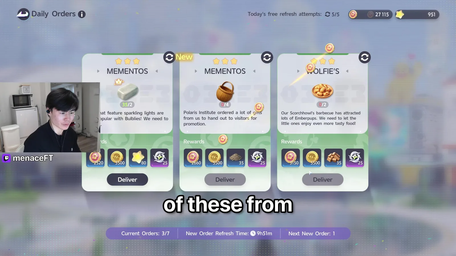 Aniimo’s Homeland Daily Orders screen with two Mementos orders and a Wolfie’s order, each paying between 2520 and 3150 plus 5500 Credits and materials
