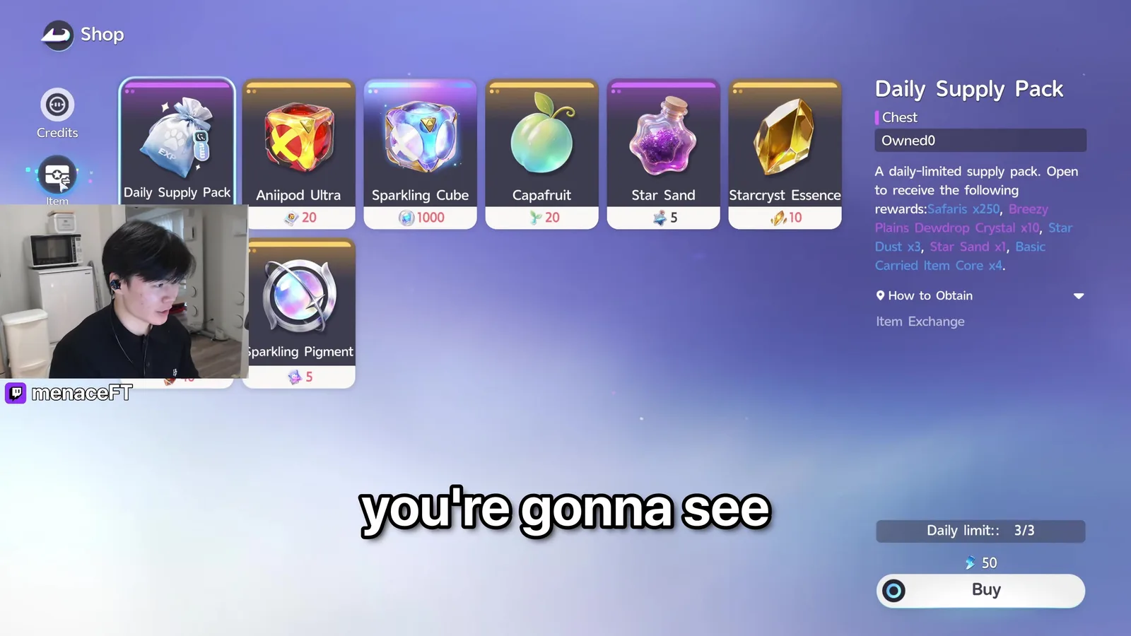 Aniimo’s outpost Item Exchange with a Daily Supply Pack at 50 Primegy listing Safaris x250, Dewdrop Crystal x10, Star Dust x3, Star Sand x1 and Basic Carried Item Core x4
