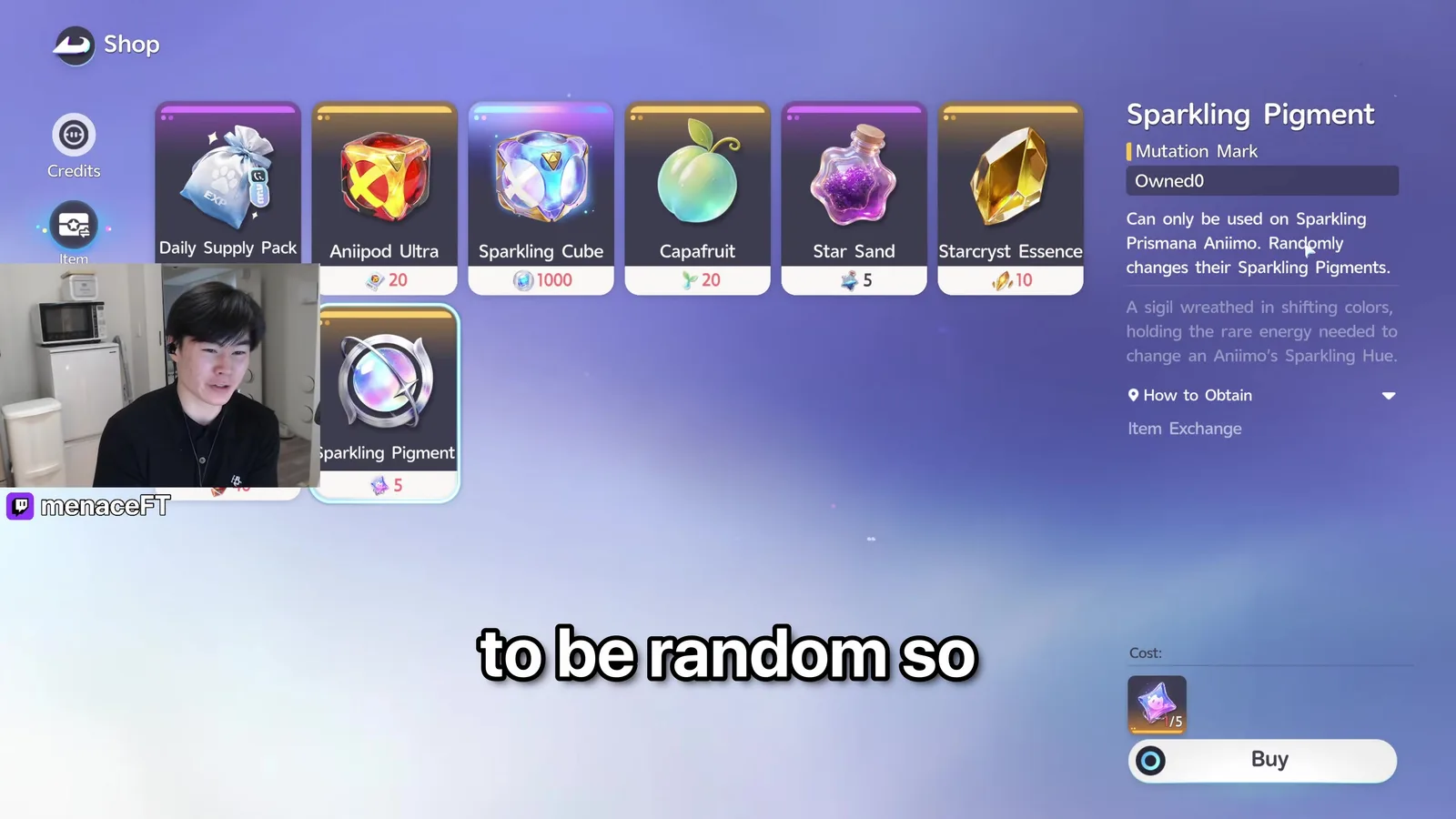 The Aniimo Item Exchange row with Aniipod Ultra at 20, Sparkling Cube at 1000, Capafruit at 20, Star Sand at 5, Starcryst Essence at 10 and a Sparkling Pigment card at 5