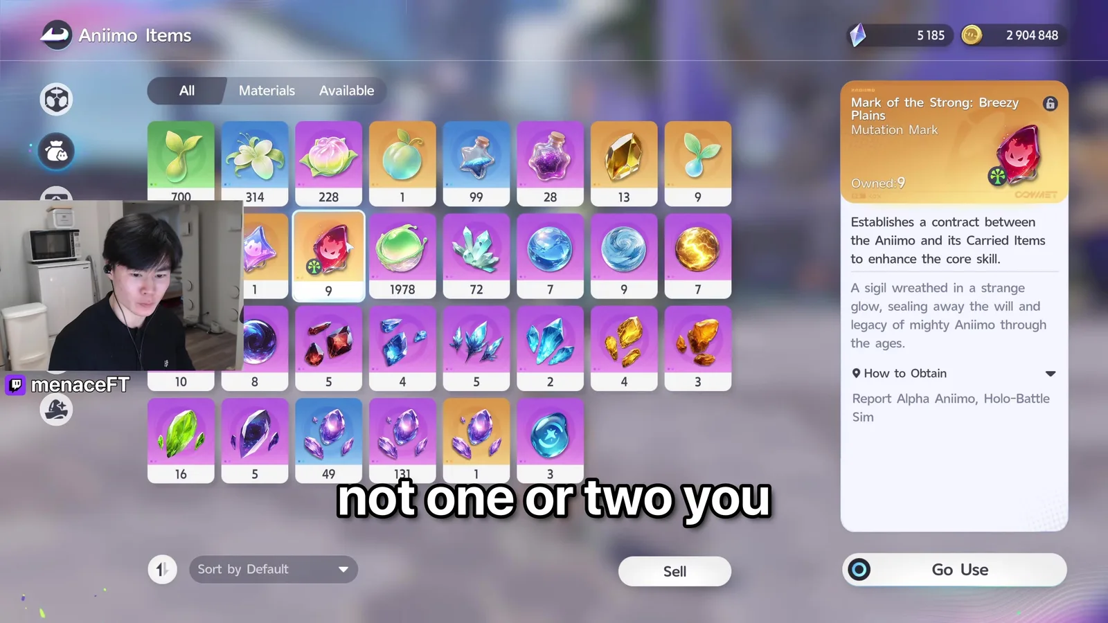 The Aniimo Items bag with the Mark of the Strong Breezy Plains card open, reading Establishes a contract between the Aniimo and its Carried Items to enhance the core skill, owned 9