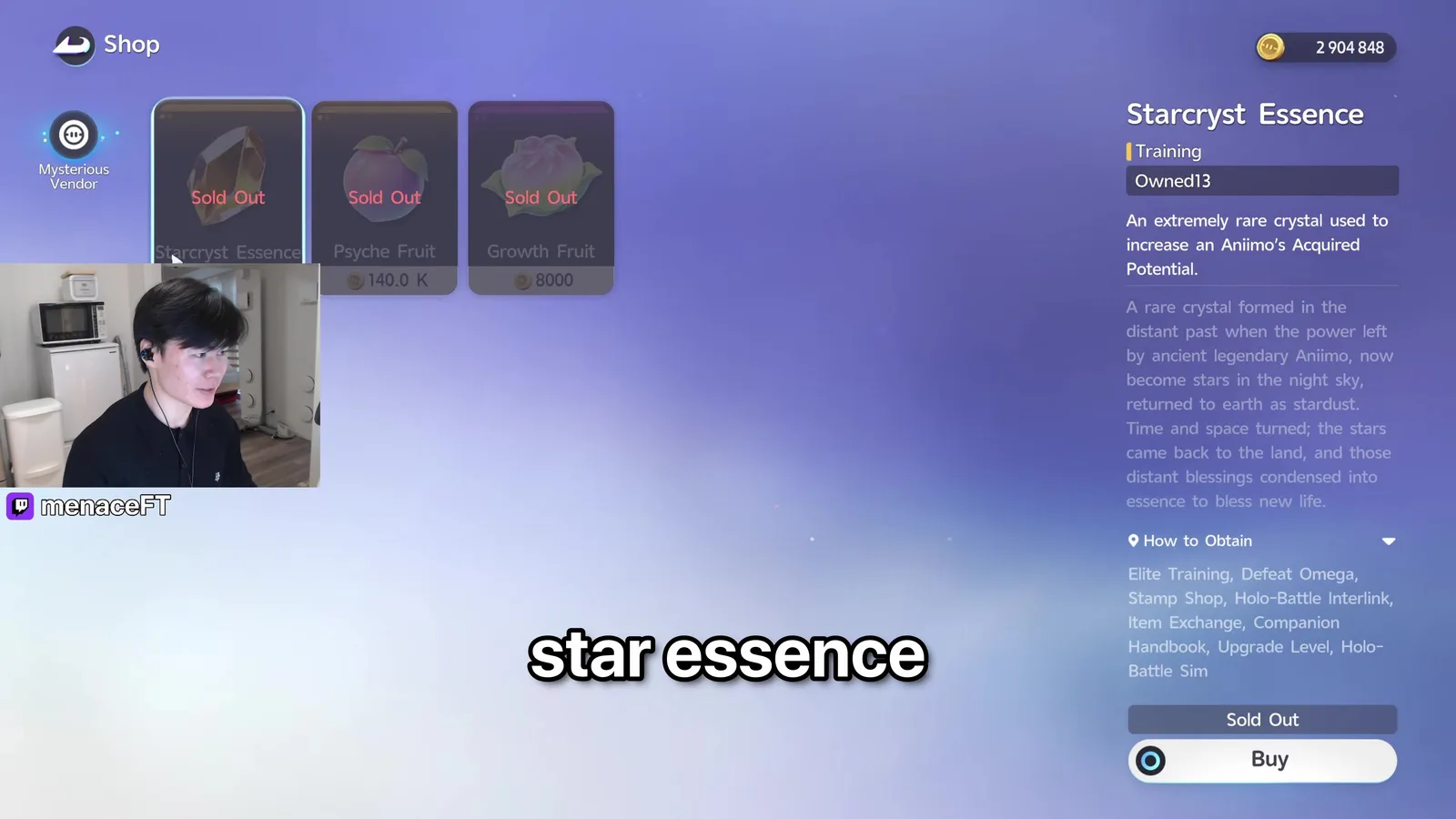 Aniimo’s Mysterious Vendor stock with Starcryst Essence, Psyche Fruit at 140.0 K and Growth Fruit at 8000 Credits, the Starcryst card describing an extremely rare crystal for Acquired Potential