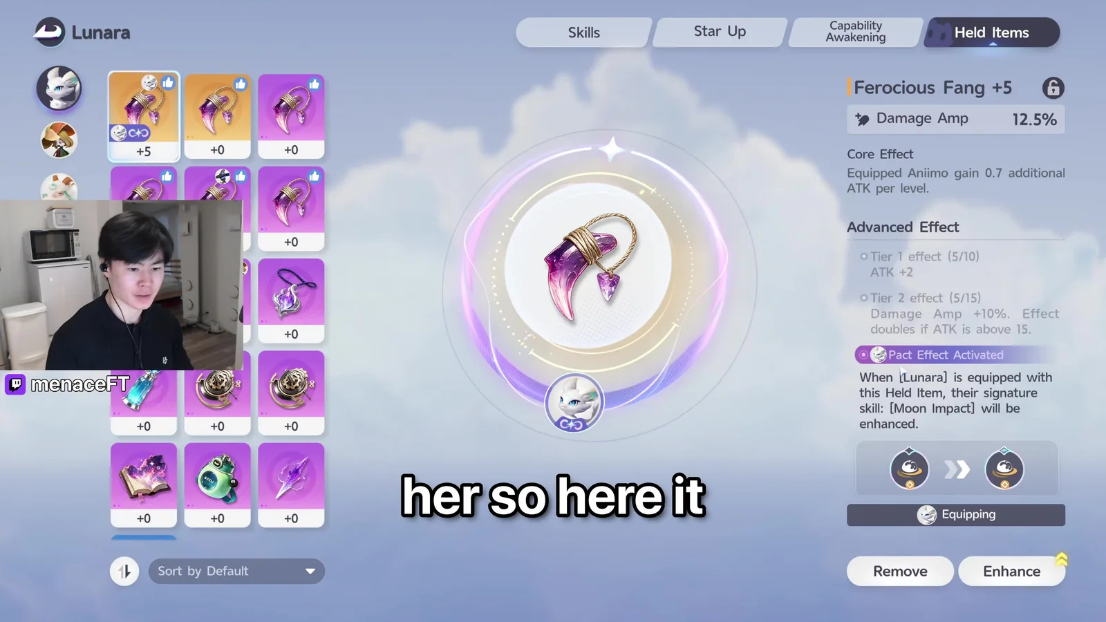 Aniimo’s Held Items screen for Lunara with a Ferocious Fang +5 at Damage Amp 12.5 per cent and a Pact Effect Activated panel saying her signature skill Moon Impact will be enhanced