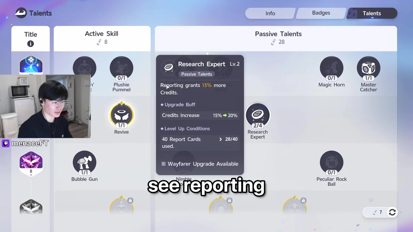 Aniimo’s Talents screen with the Research Expert Lv.2 tooltip open, reading Reporting grants 15 per cent more Credits with an upgrade buff from 15 to 20 per cent