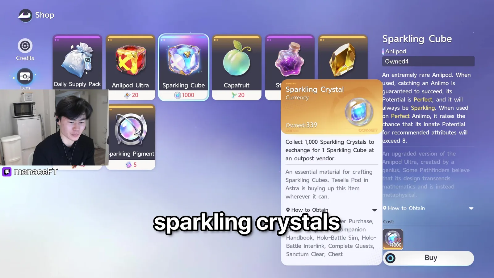 Aniimo’s outpost Item Exchange with the Sparkling Cube at 1000 and a Sparkling Crystal card reading collect 1,000 Sparkling Crystals to exchange for 1 Sparkling Cube at an outpost vendor
