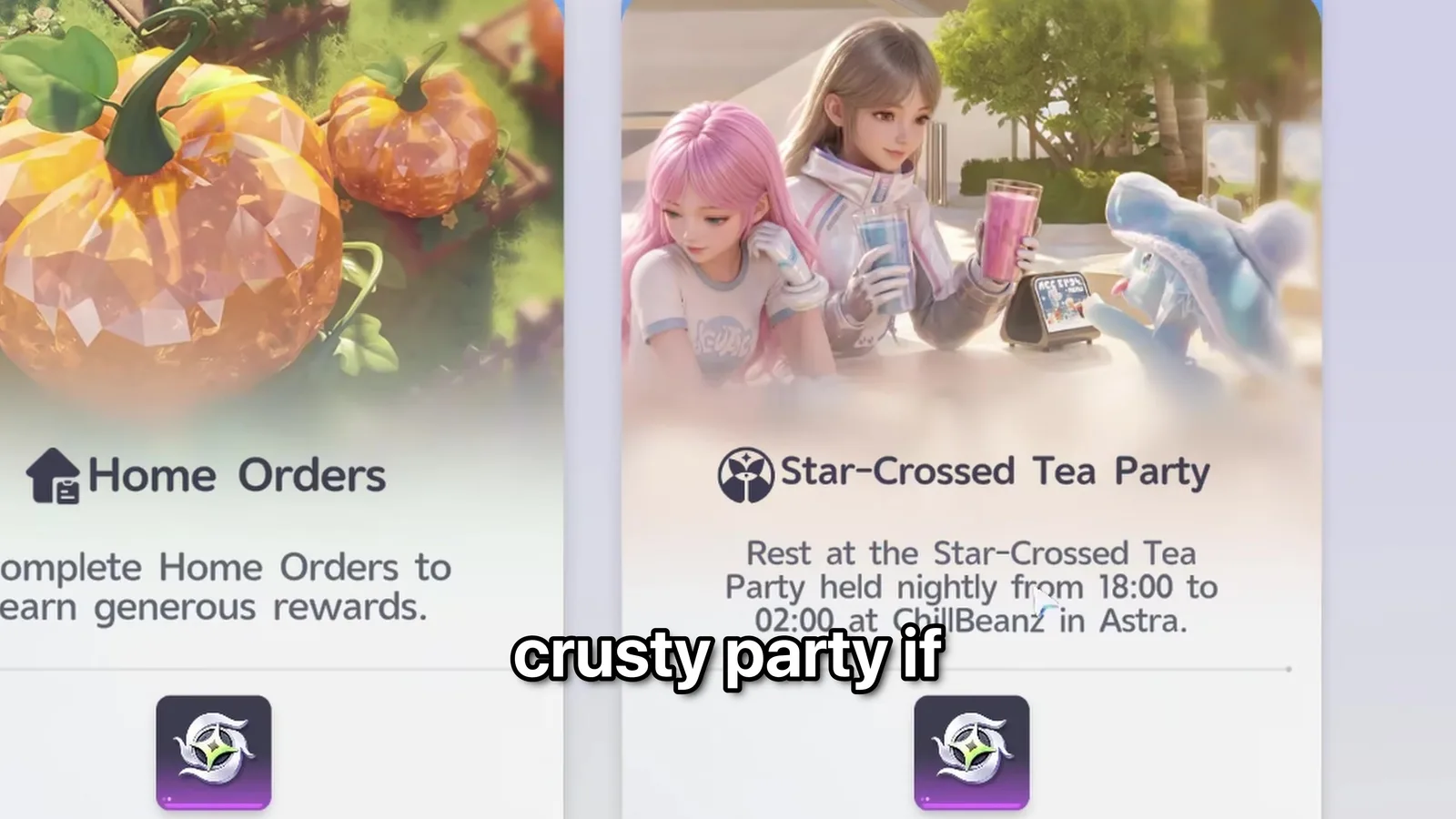 Two Aniimo Stamp Rush cards side by side, Home Orders and Star-Crossed Tea Party, the Tea Party card reading held nightly from 18:00 to 02:00 at ChillBeanz in Astra