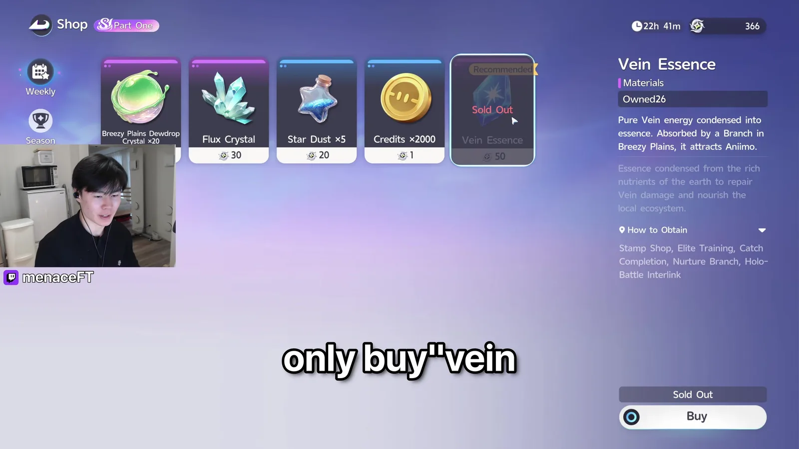 Aniimo’s Stamp Shop Weekly tab with Breezy Plains Dewdrop Crystal times 20, Flux Crystal at 30, Star Dust times 5 at 20, Credits times 2000 at 1 and a sold out Vein Essence at 50 stamps
