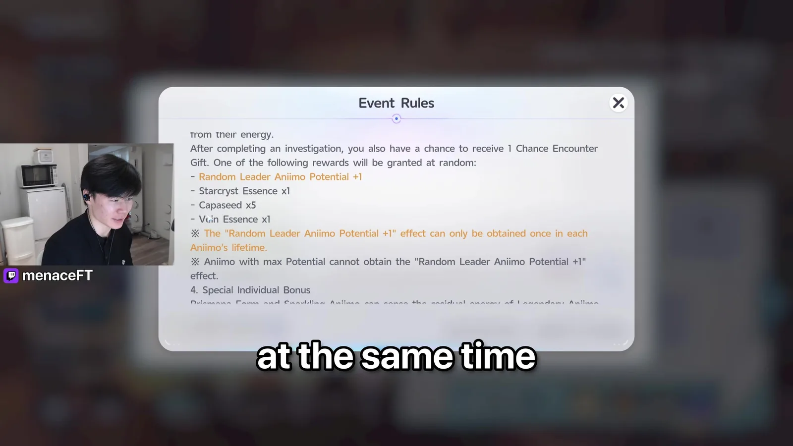 Aniimo’s Tracing the Trail event rules listing the Chance Encounter Gift pool of Random Leader Aniimo Potential +1, Starcryst Essence, Capaseed x5 and Vein Essence