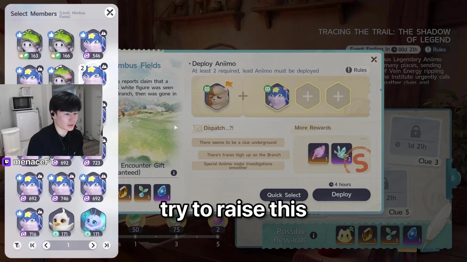 Aniimo’s Tracing the Trail dispatch panel at Nimbus Fields with an S reward rating, a four hour timer, a More Rewards row and a member picker open on the left