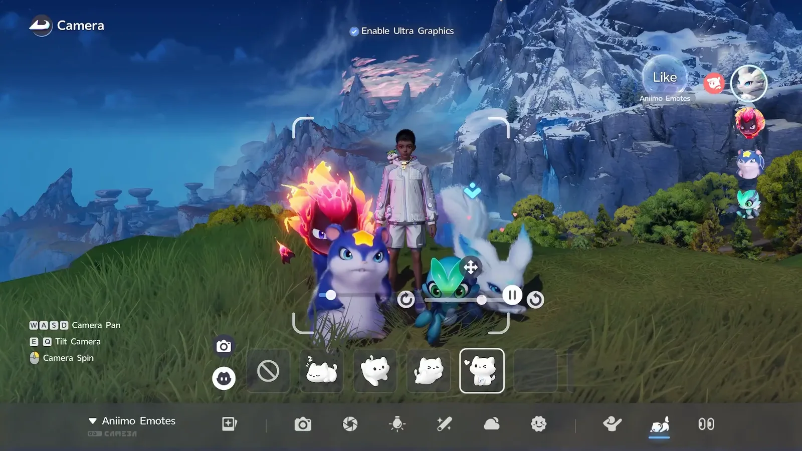 The Like emote selected for Lunara in Aniimo photo mode, with the emote strip along the bottom and the Aniimo portrait column on the right