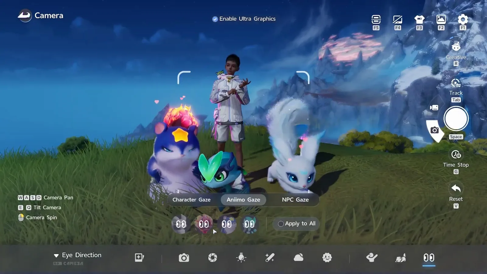 The Aniimo Gaze tab in Aniimo photo mode with one eye toggle per summoned Aniimo and an Apply to All checkbox beside them