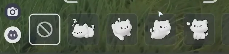 The Aniimo Emotes panel in photo mode with a camera button above a round Aniimo face button, beside the first emote tiles