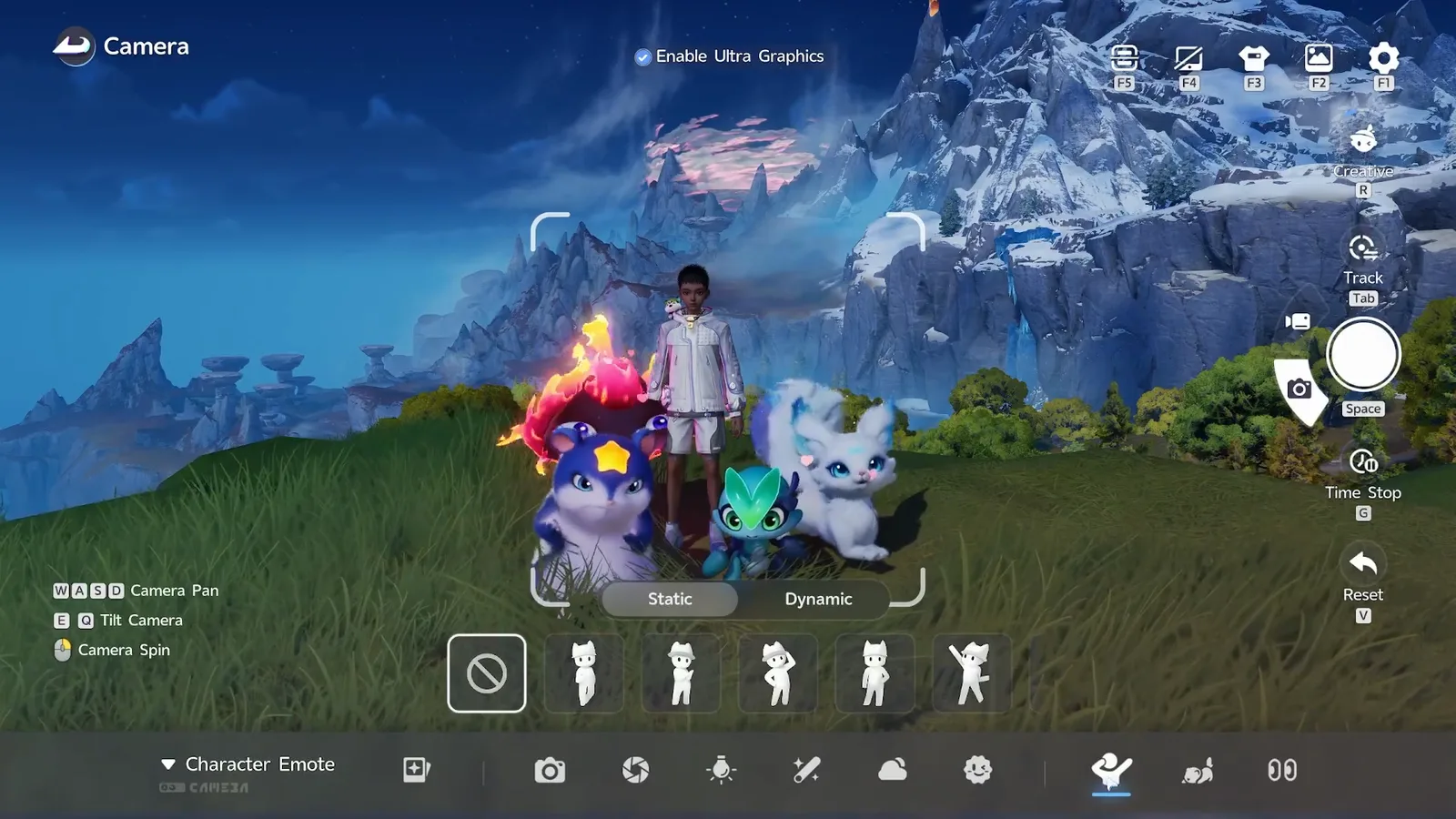 The Character Emote panel in Aniimo photo mode with the Static and Dynamic tabs above a row of Pathfinder pose tiles