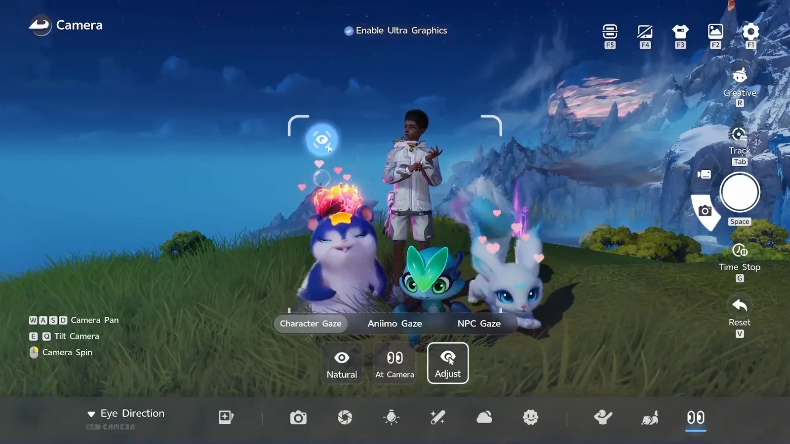The Adjust gaze mode in Aniimo photo mode with a floating eyeball marker above the group, aiming the Pathfinder’s eyes