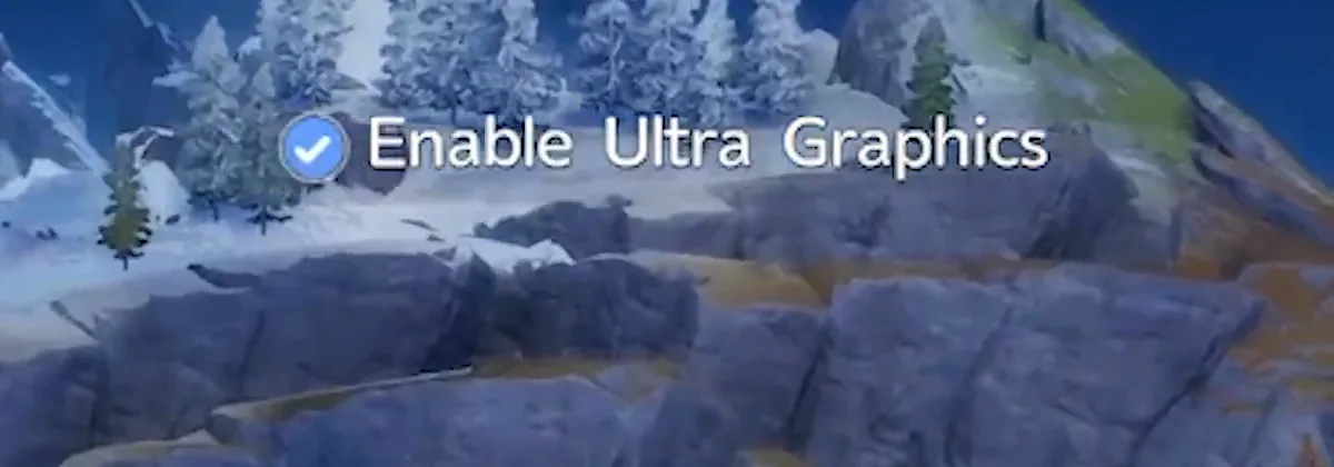 The Enable Ultra Graphics checkbox ticked at the top of the Aniimo photo mode screen, above a snowy mountain backdrop