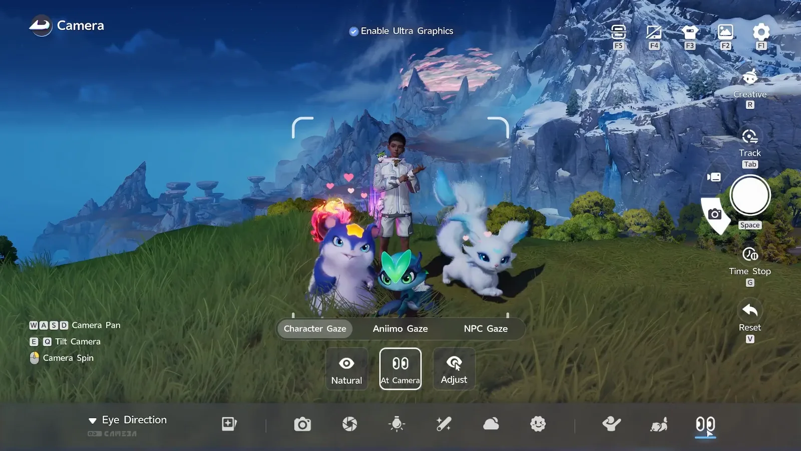 The Eye Direction panel in Aniimo photo mode showing the Character Gaze, Aniimo Gaze and NPC Gaze tabs with Natural, At Camera and Adjust below