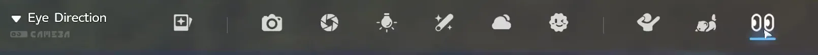 The Aniimo photo mode Functions bar with filter and weather icons, and the Character Emote, Aniimo Emotes and Eye Direction buttons grouped at the right end